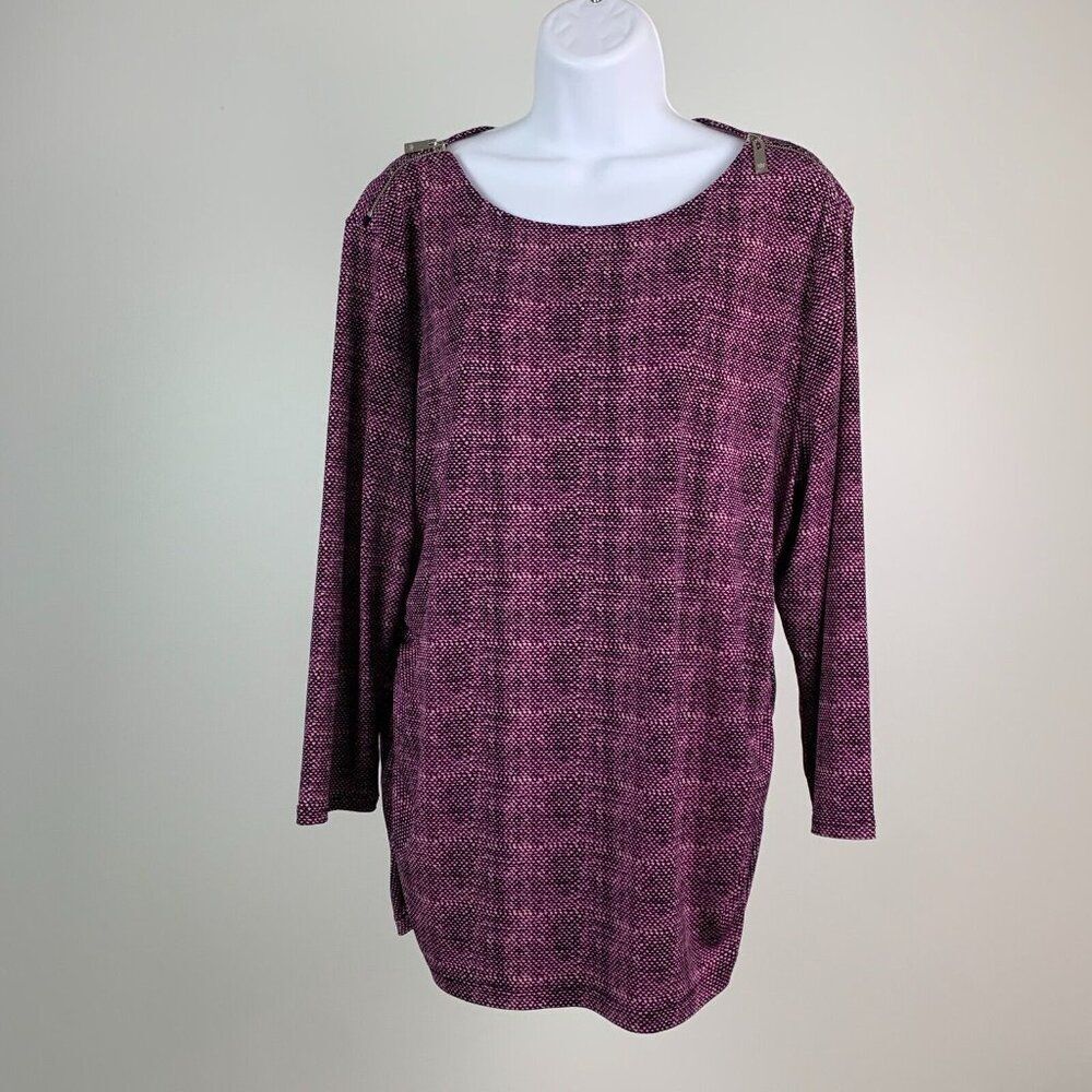 Chaus Top sz XL Purple Black Patterned Zip Shoulders Ruched 3/4 Sl